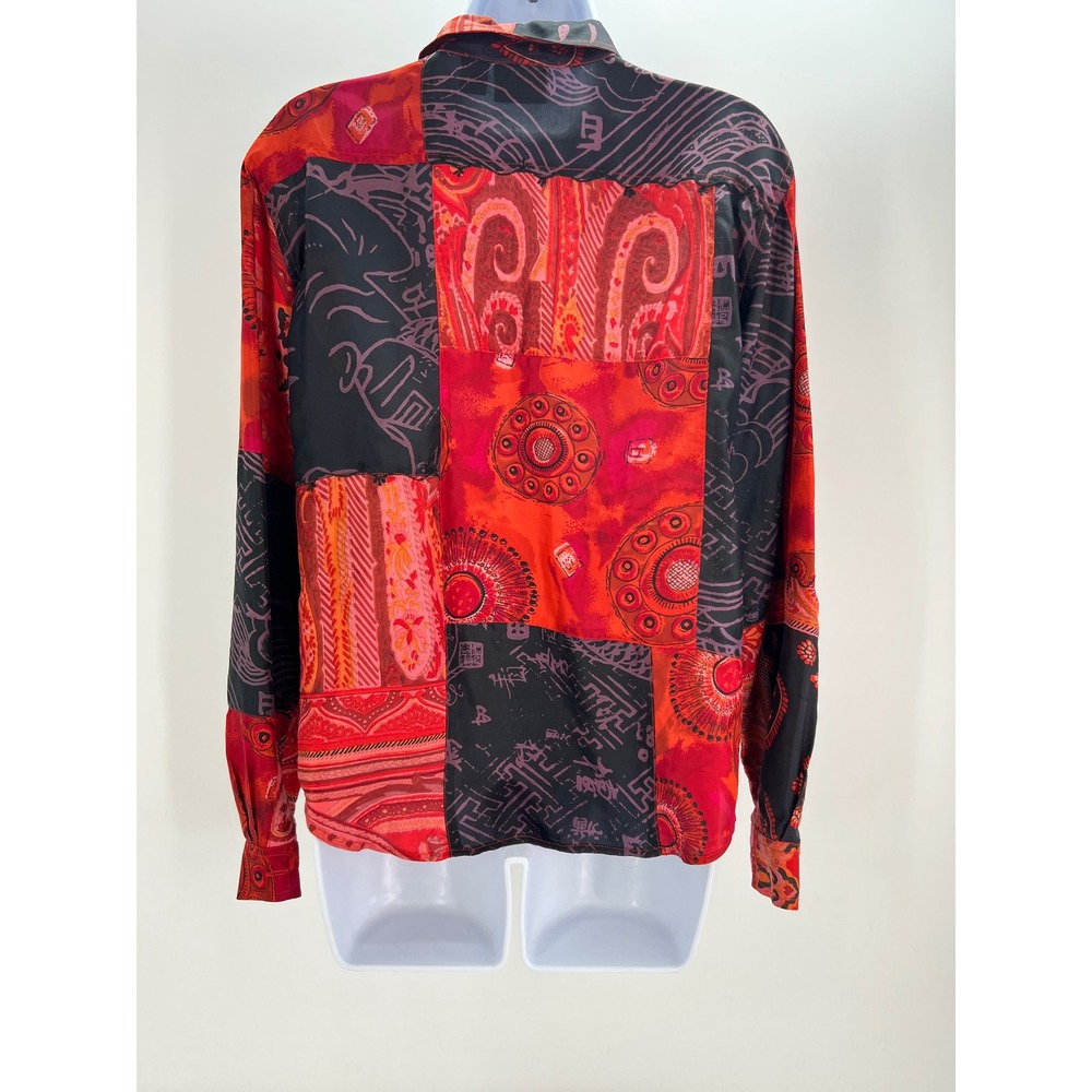 Chicos Womens Size 1 US M Silk Patchwork Paisley Button Down Shirt Red Black - Picture 2 of 11